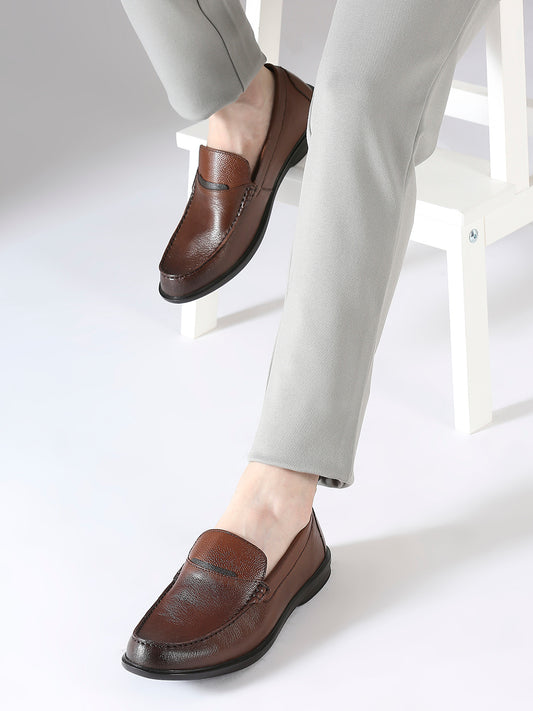 Men Tan Textured Leather Formal Slip-On Shoes