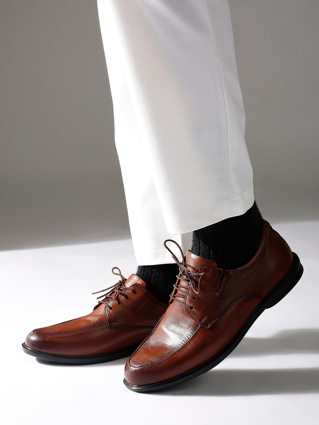 Men Tan Leather Formal Lace-Ups Derbys