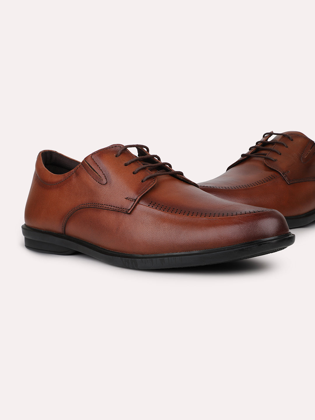 Men Tan Leather Formal Lace-Ups Derbys