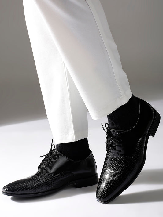 Men Black Textured Leather Formal Lace-Ups Derbys