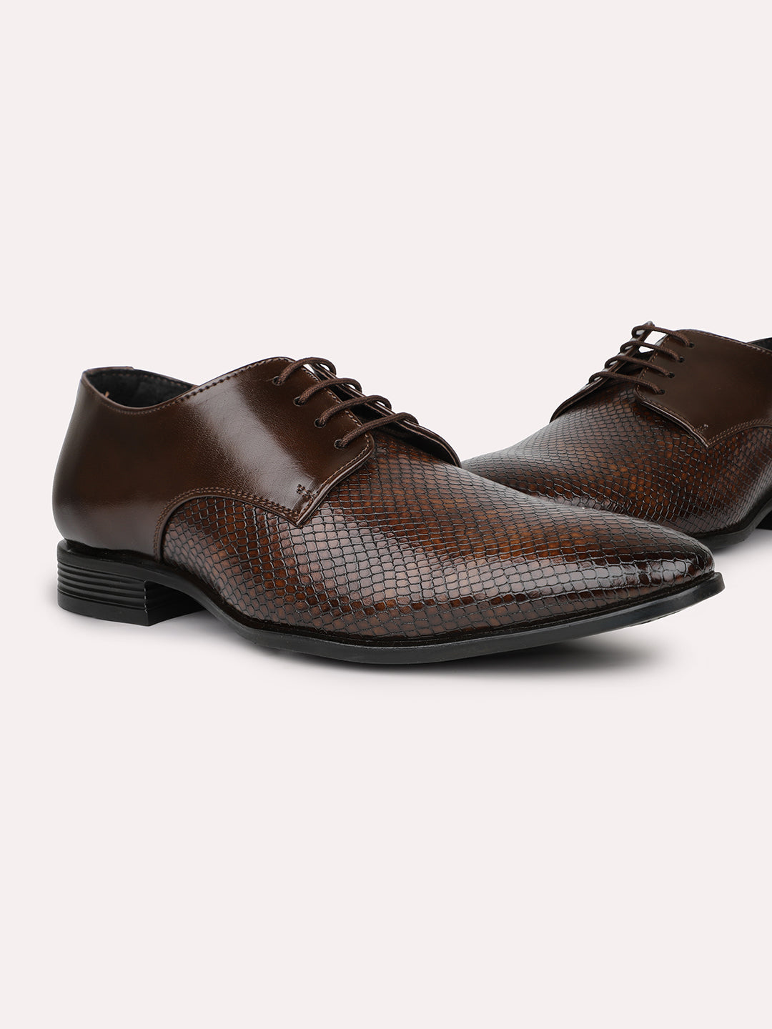 Men Brown Textured Leather Formal Lace-Ups Derbys