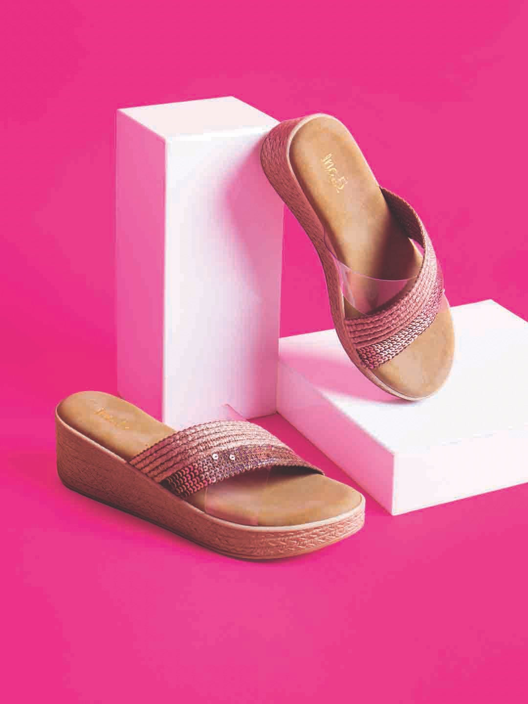 Buy Now Women Brown Embellished Textured Wedges