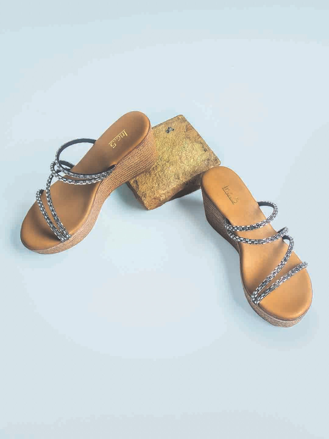 Women Gun Metal Embellished Wedge Sandals