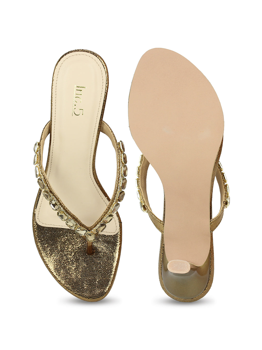 Womens Golden Ethnic Embellished Round Toe Kitten Heels