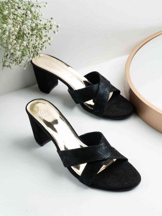 Womens Black Party Wear Solid Square Toe Block Heel Mules