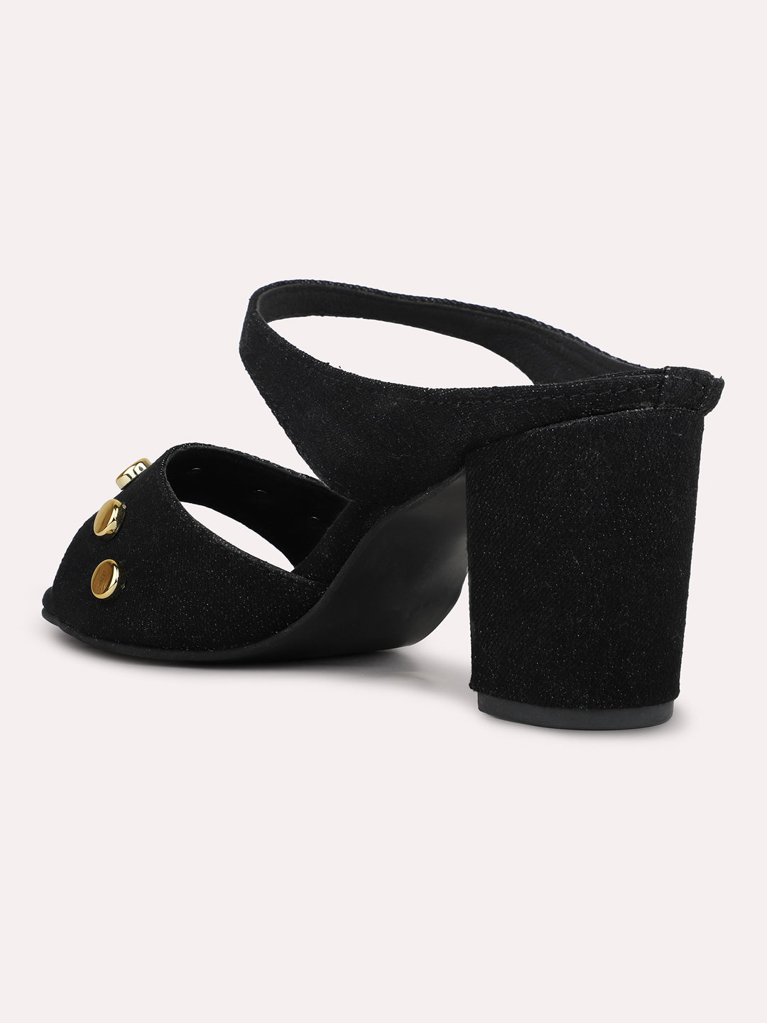 Womens Black Party Wear Embellished Round Toe Block Heel Mules