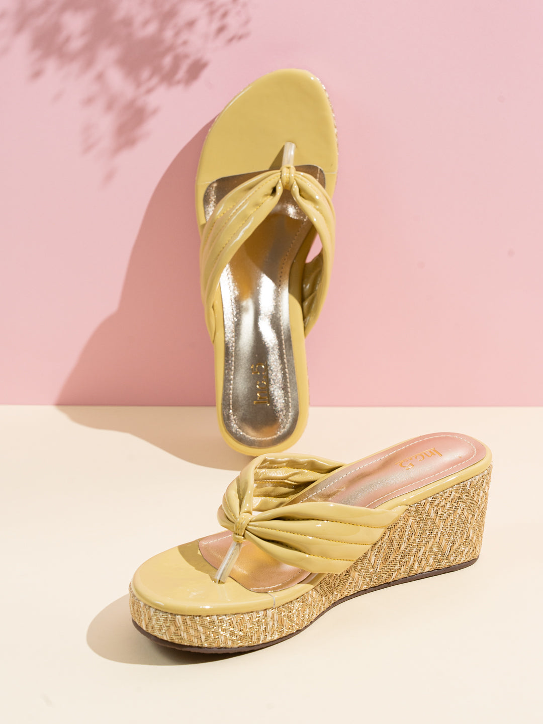 Women Yellow Casual T Strap Wedge Heel Sandal