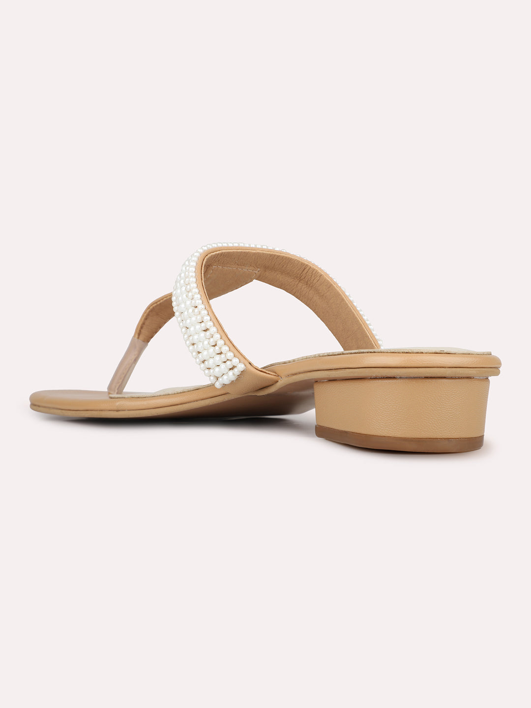 Women Beige Casual T Strap Block Heel Sandal