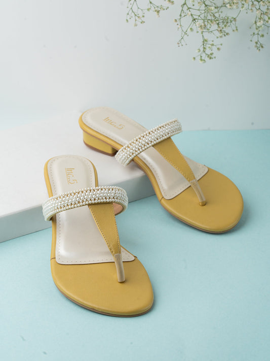 Women Yellow Casual T Strap Block Heel Sandal