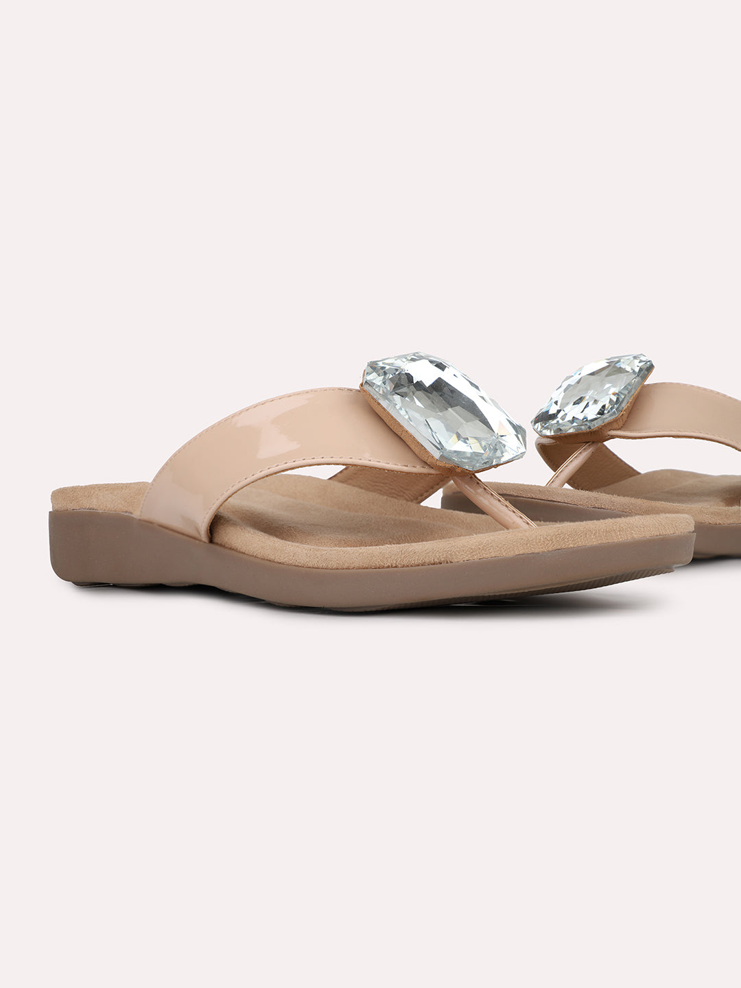 Women Beige Casual T Strap Flat Sandal