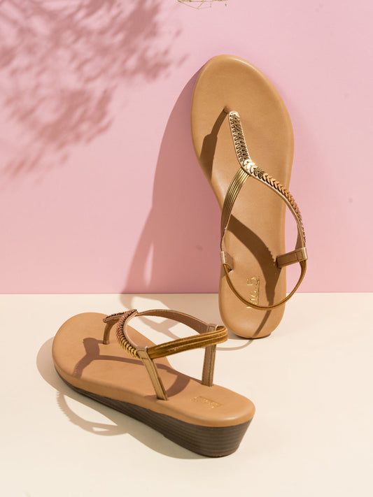 Womens Golden Party Wear Embellished T-Strap Flats