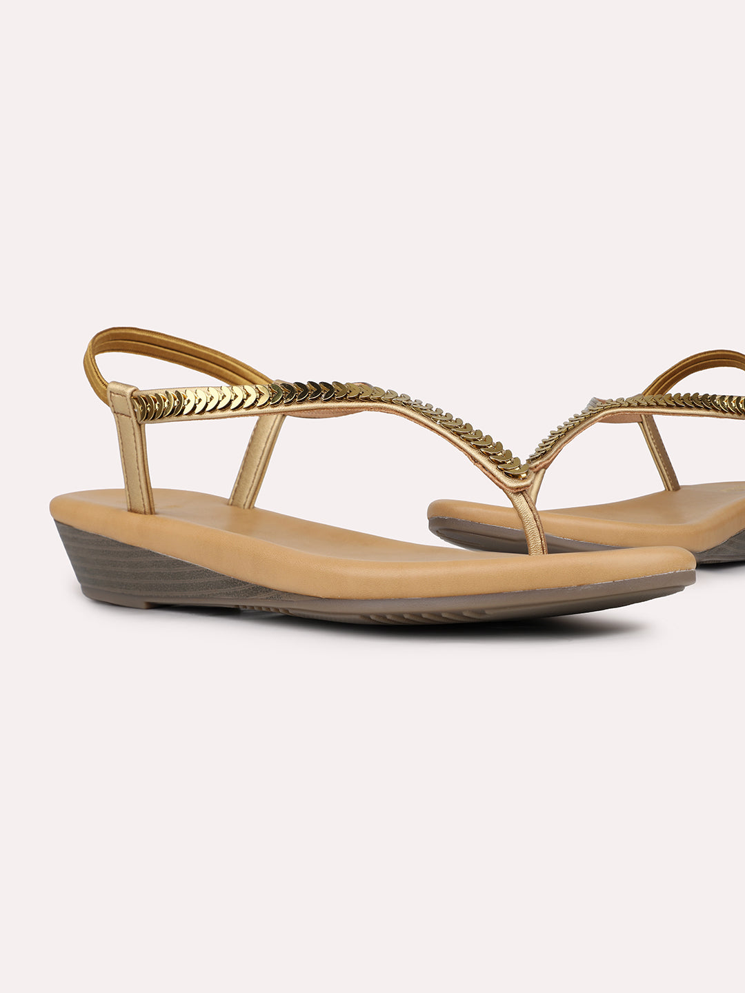 Womens Golden Party Wear Embellished T-Strap Flats