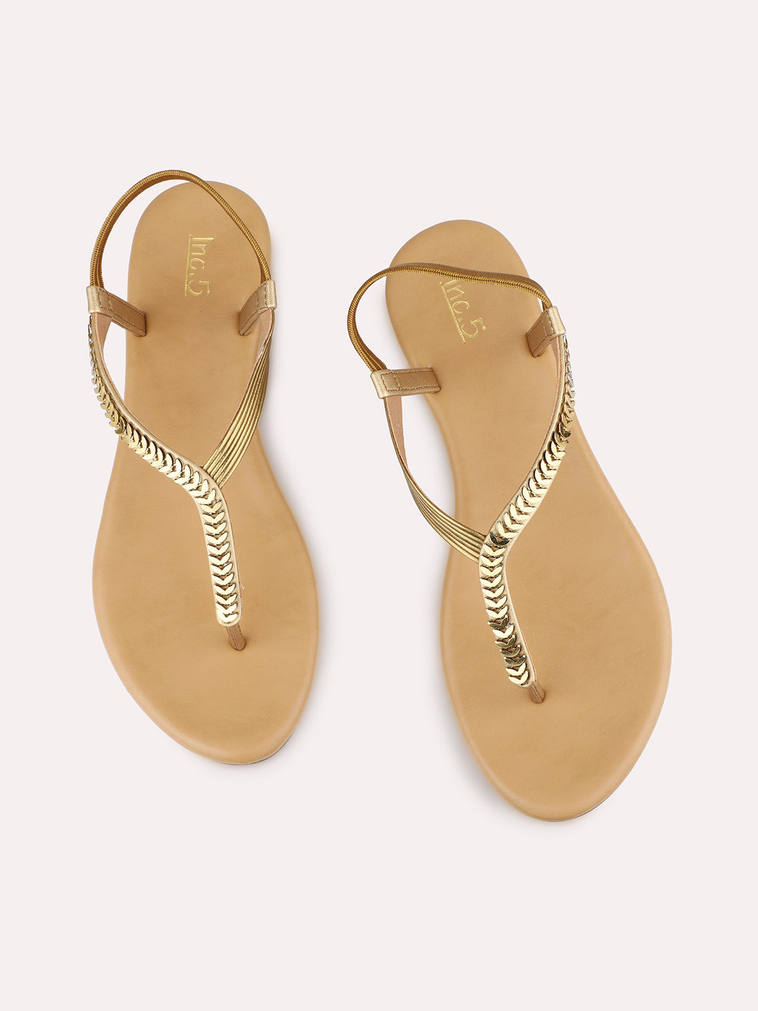 Womens Golden Party Wear Embellished T-Strap Flats