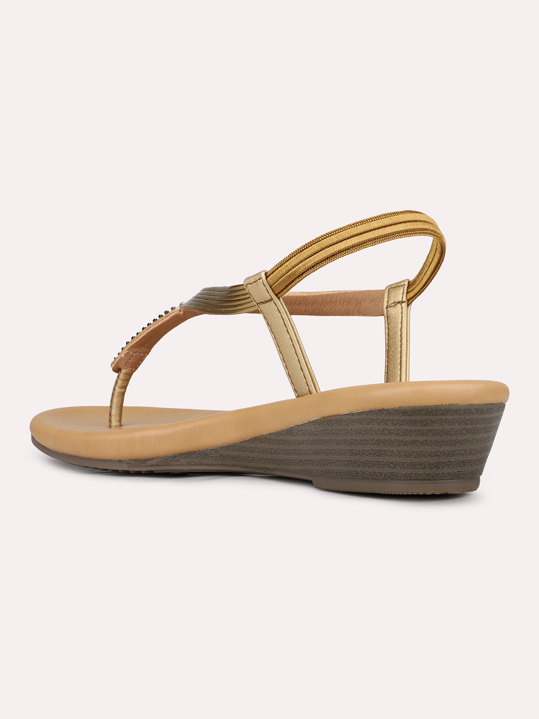 Womens Golden Party Wear Embellished T-Strap Flats