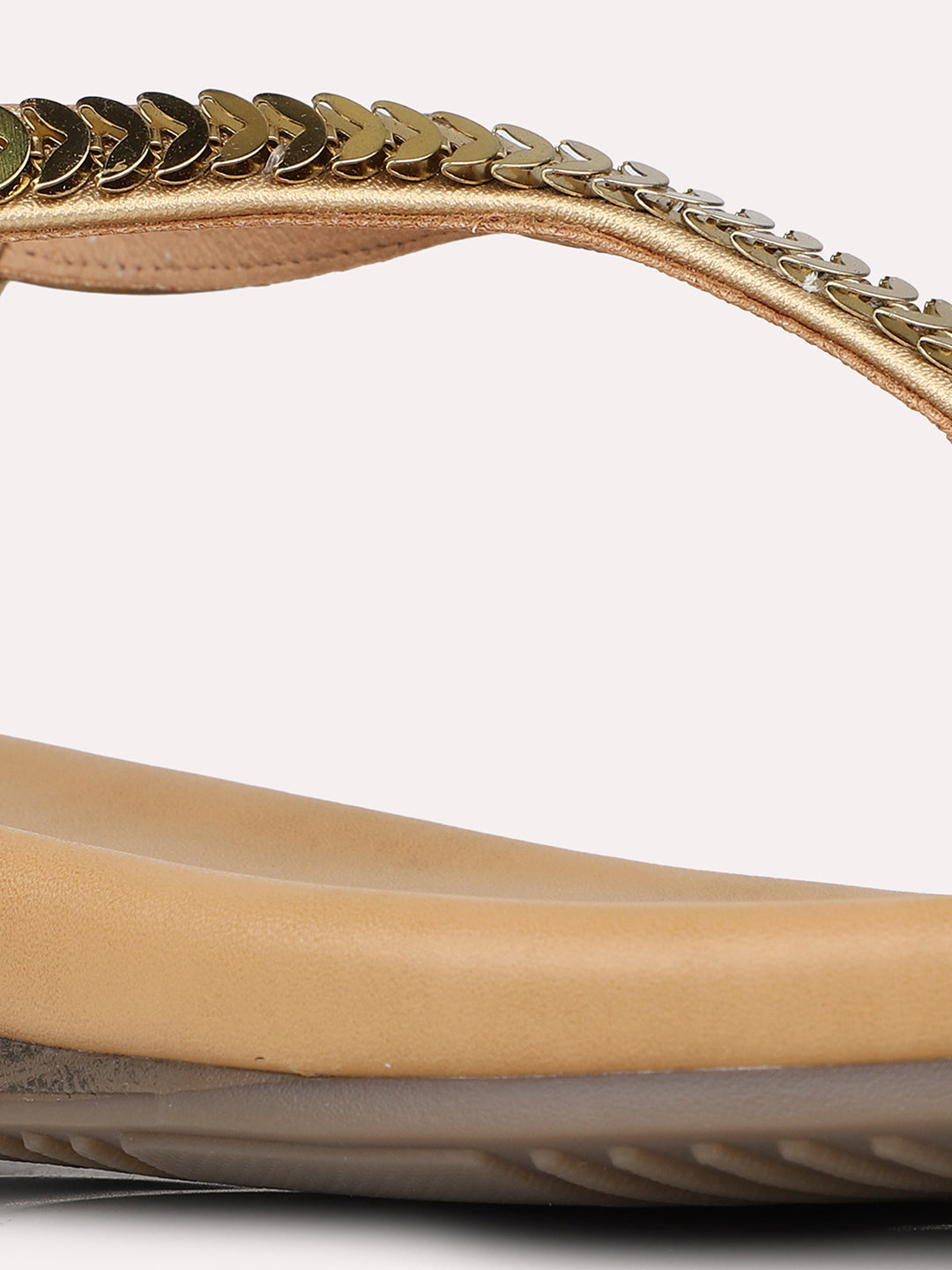 Womens Golden Party Wear Embellished T-Strap Flats