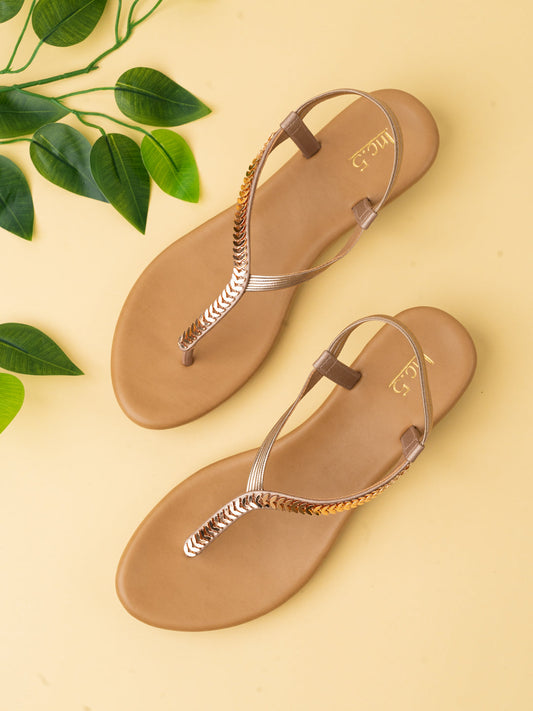 Womens Rose Gold Party Wear Embellished T-Strap Flats