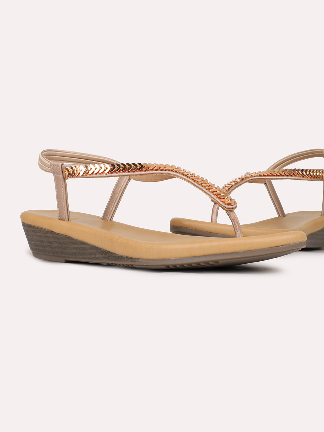 Womens Rose Gold Party Wear Embellished T-Strap Flats