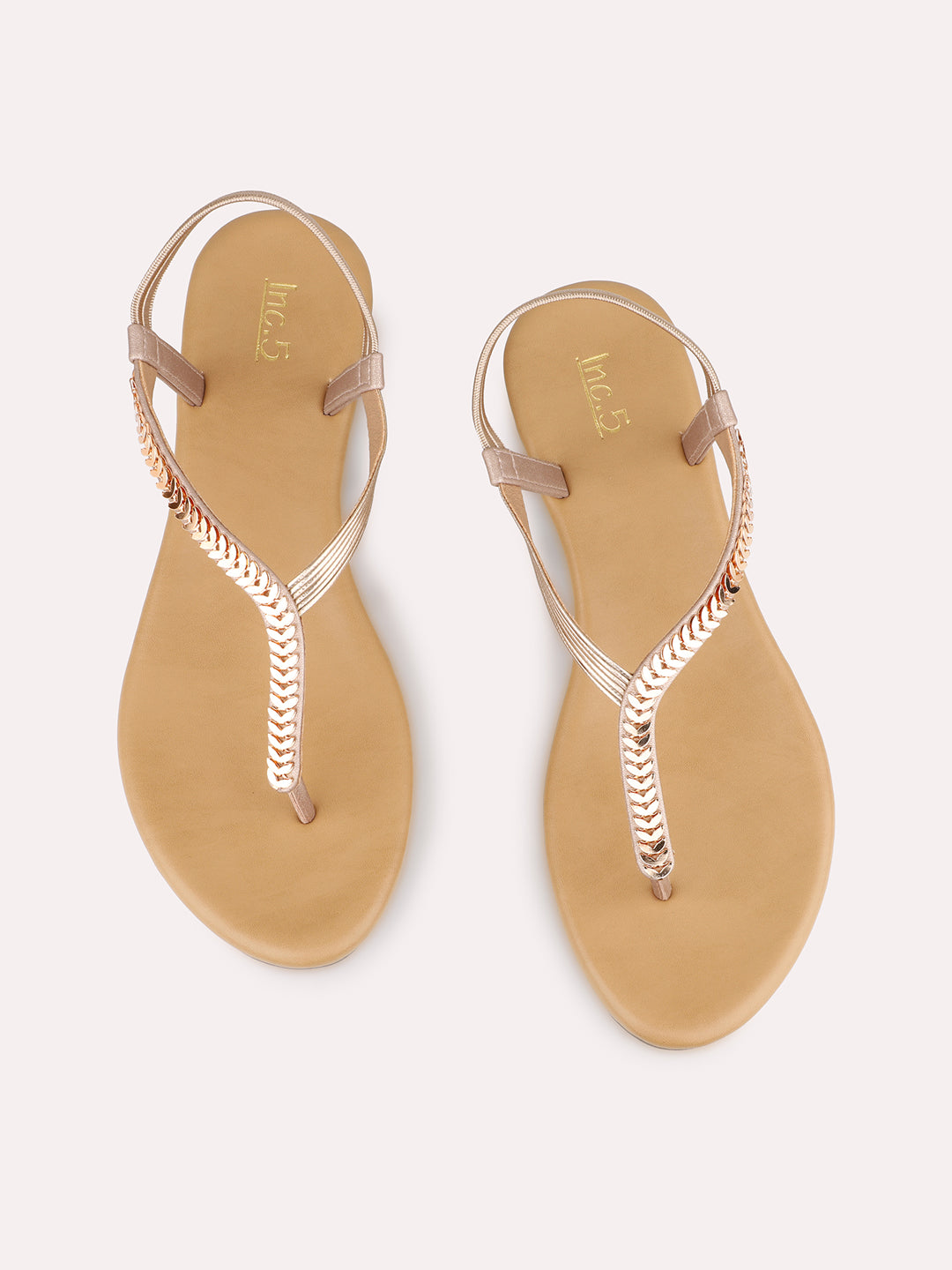 Womens Rose Gold Party Wear Embellished T-Strap Flats