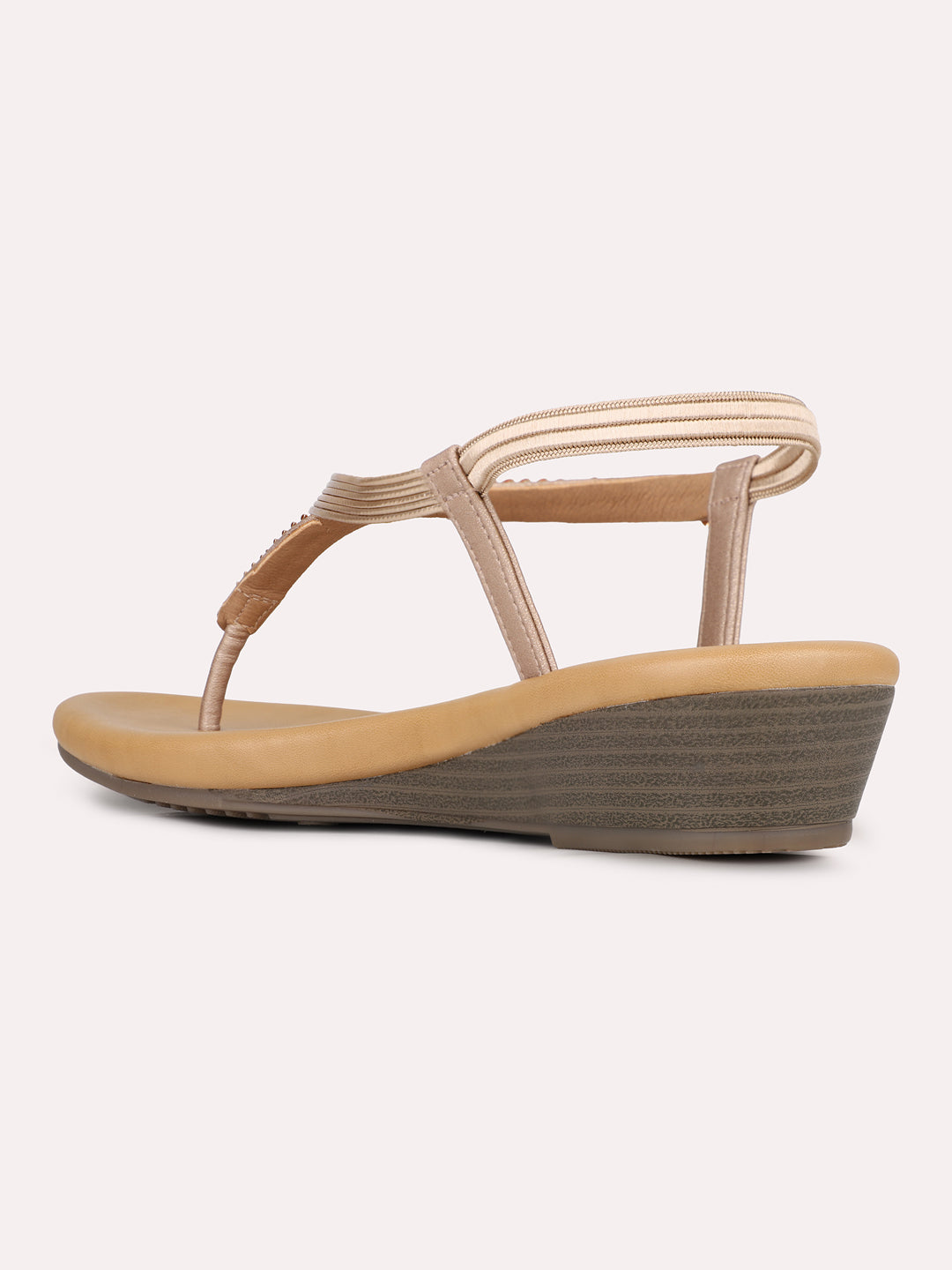 Womens Rose Gold Party Wear Embellished T-Strap Flats