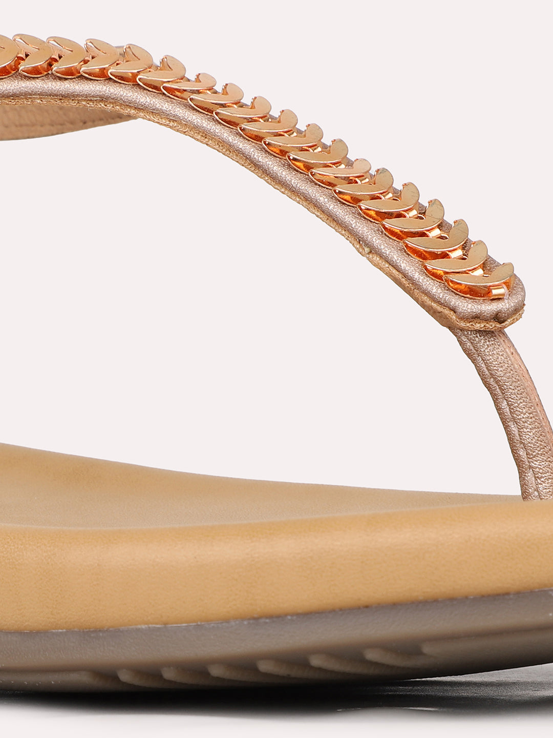 Womens Rose Gold Party Wear Embellished T-Strap Flats