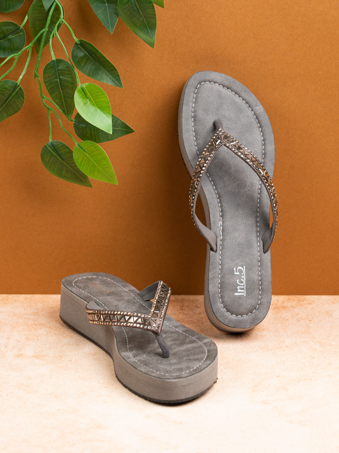 Women Grey Casual T Strap Wedge Heel Sandal