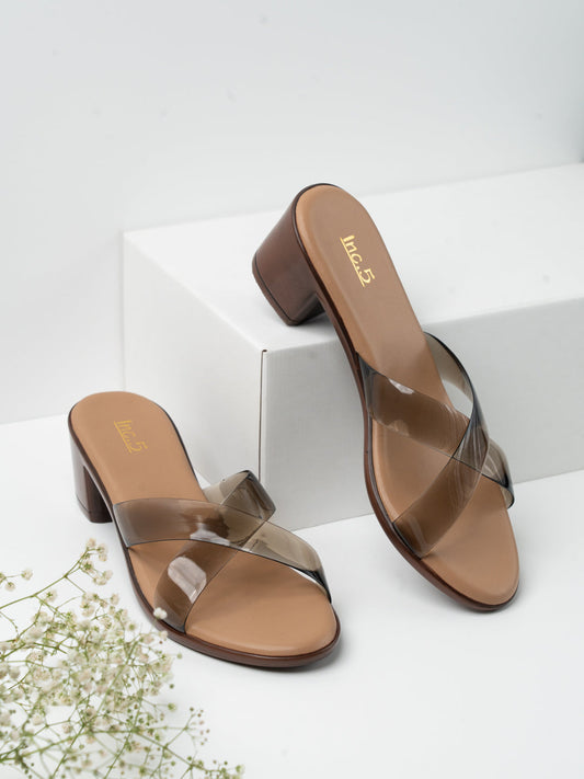 Womens Black Party Wear Transparent Round Toe Block Heels