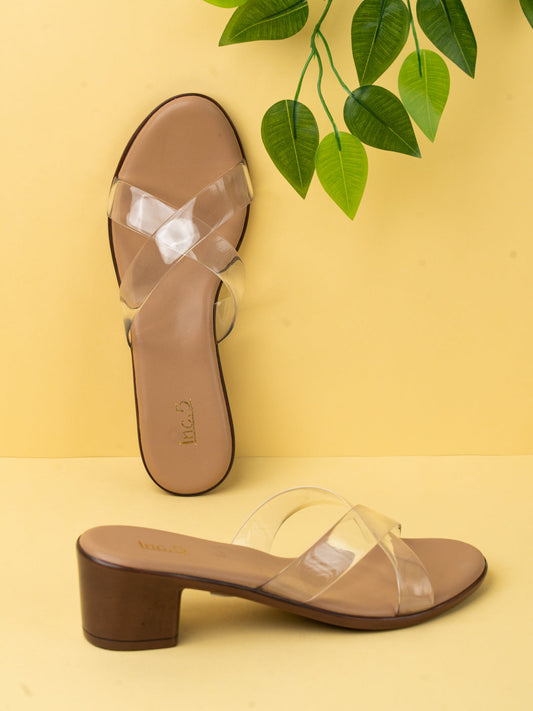 Womens White Party Wear Transparent Round Toe Block Heels