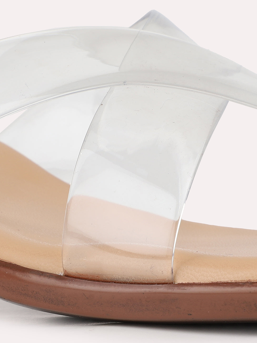 Womens White Party Wear Transparent Round Toe Block Heel Sandals