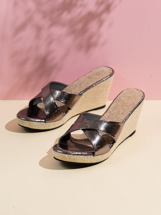 Women Pewter Casual Open Toe Wedge Heel Sandal