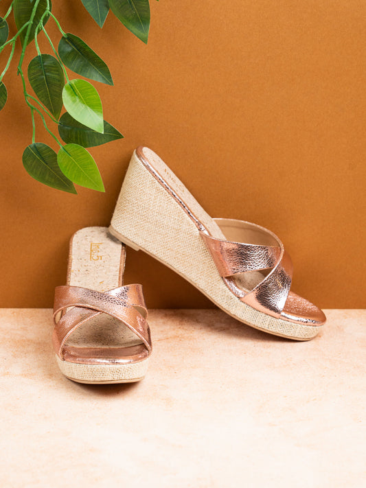 Women Rose Golden Casual Open Toe Wedge Heel Sandal