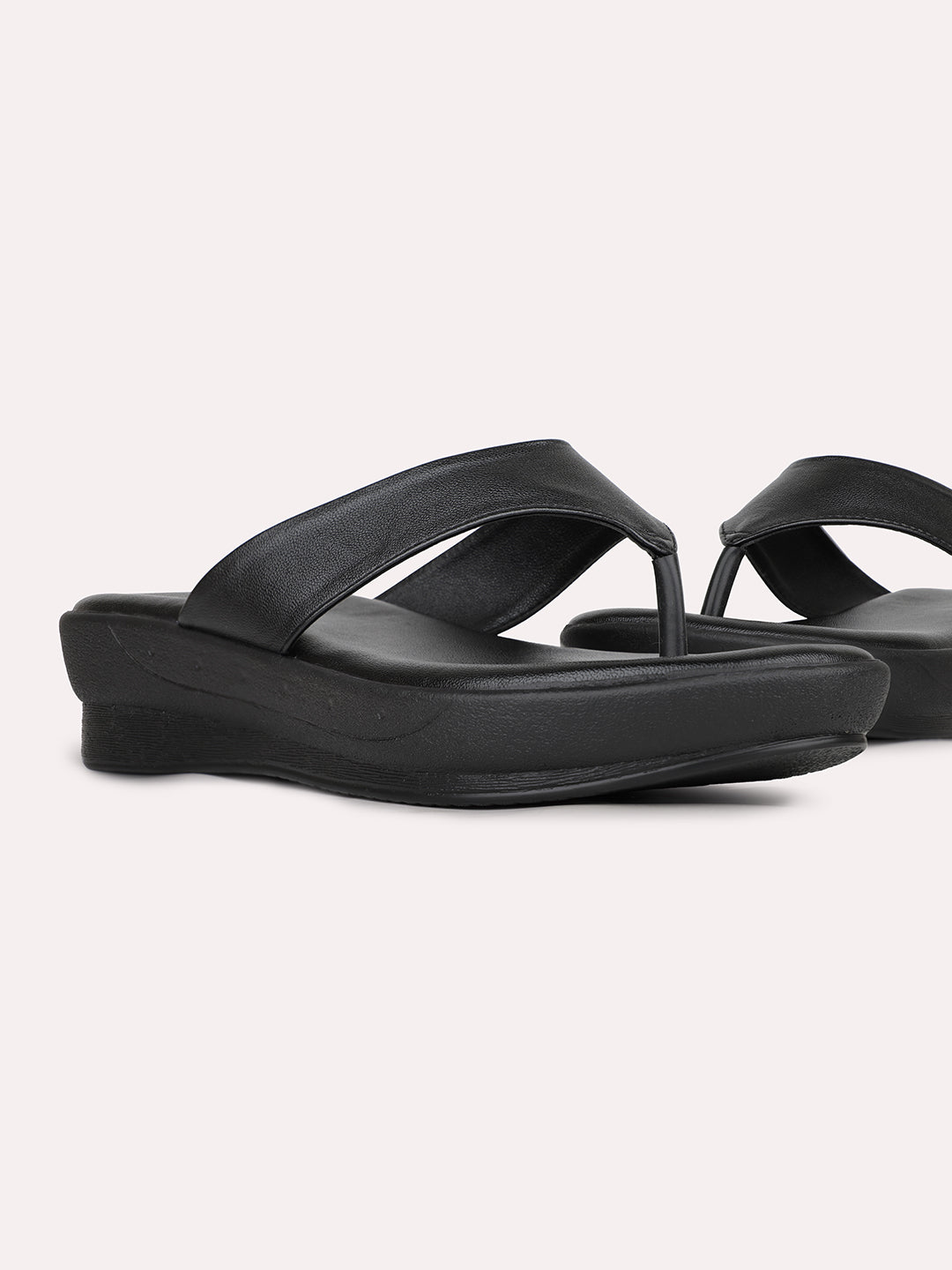 Women Black Casual T Strap Wedge Heel Sandal