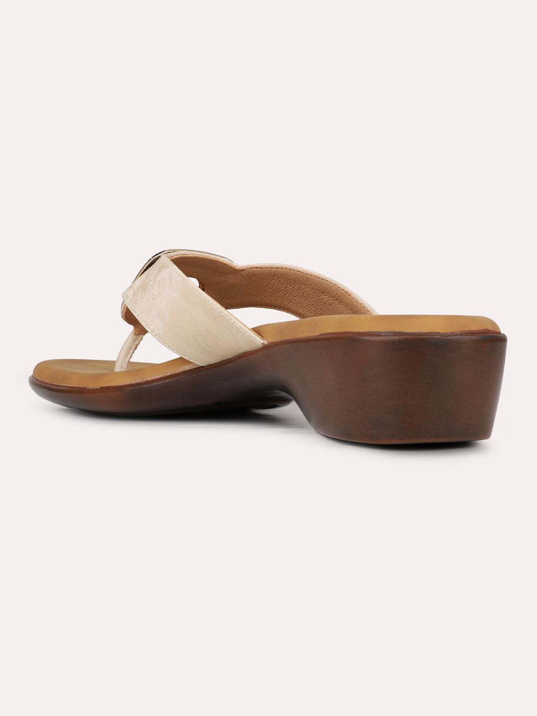 Women Beige Casual T Strap Block Heels