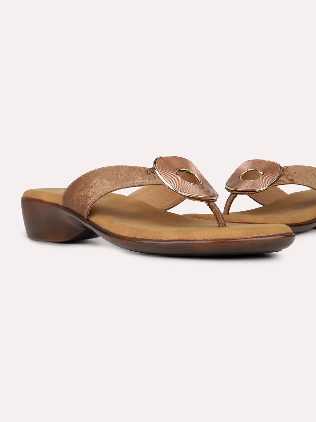 Women Tan Casual T Strap Block Heel Sandal