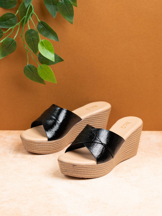 Women Black Casual Open Toe Wedge Heel Sandal