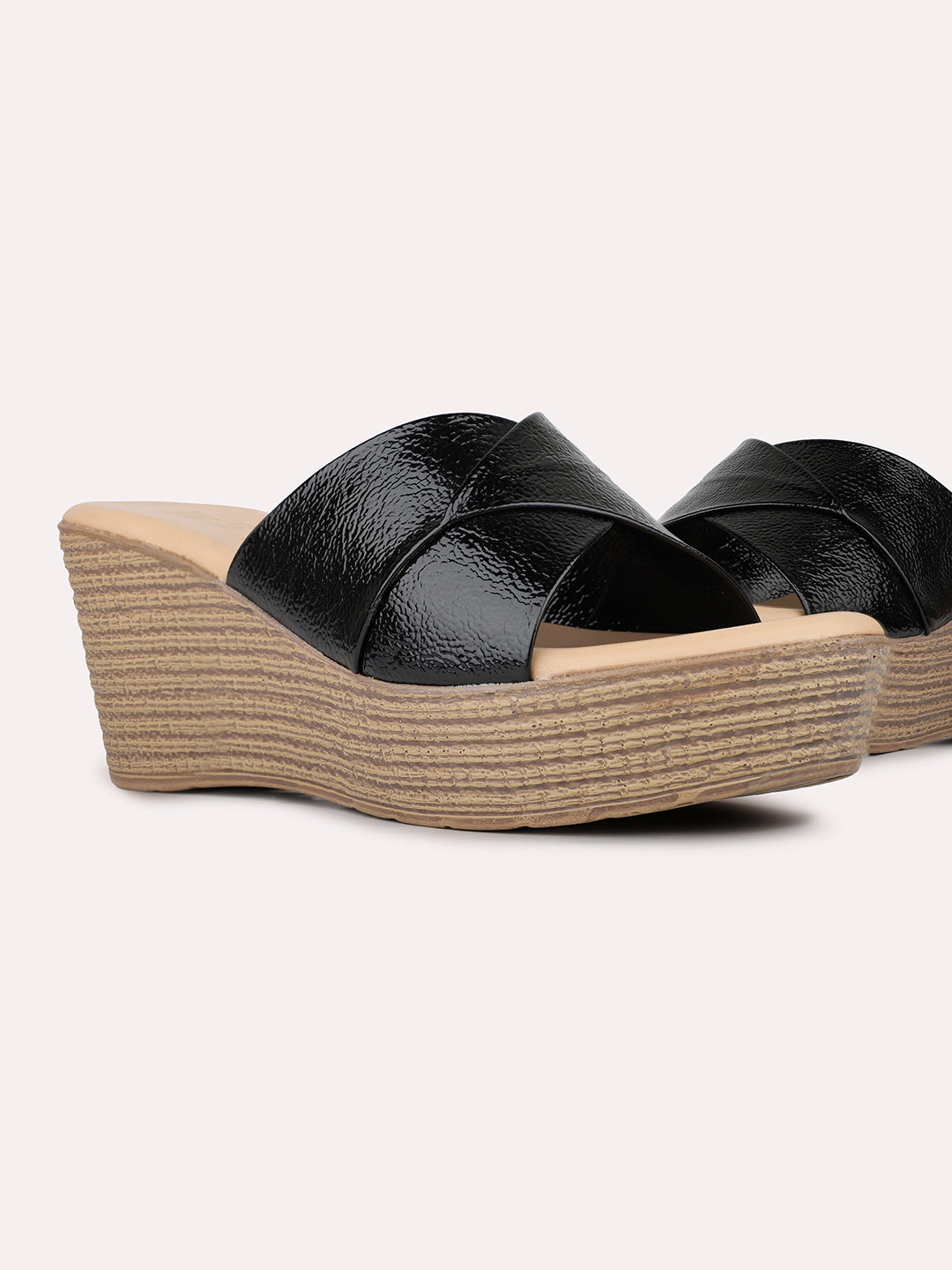 Women Black Casual Open Toe Wedge Heel Sandal