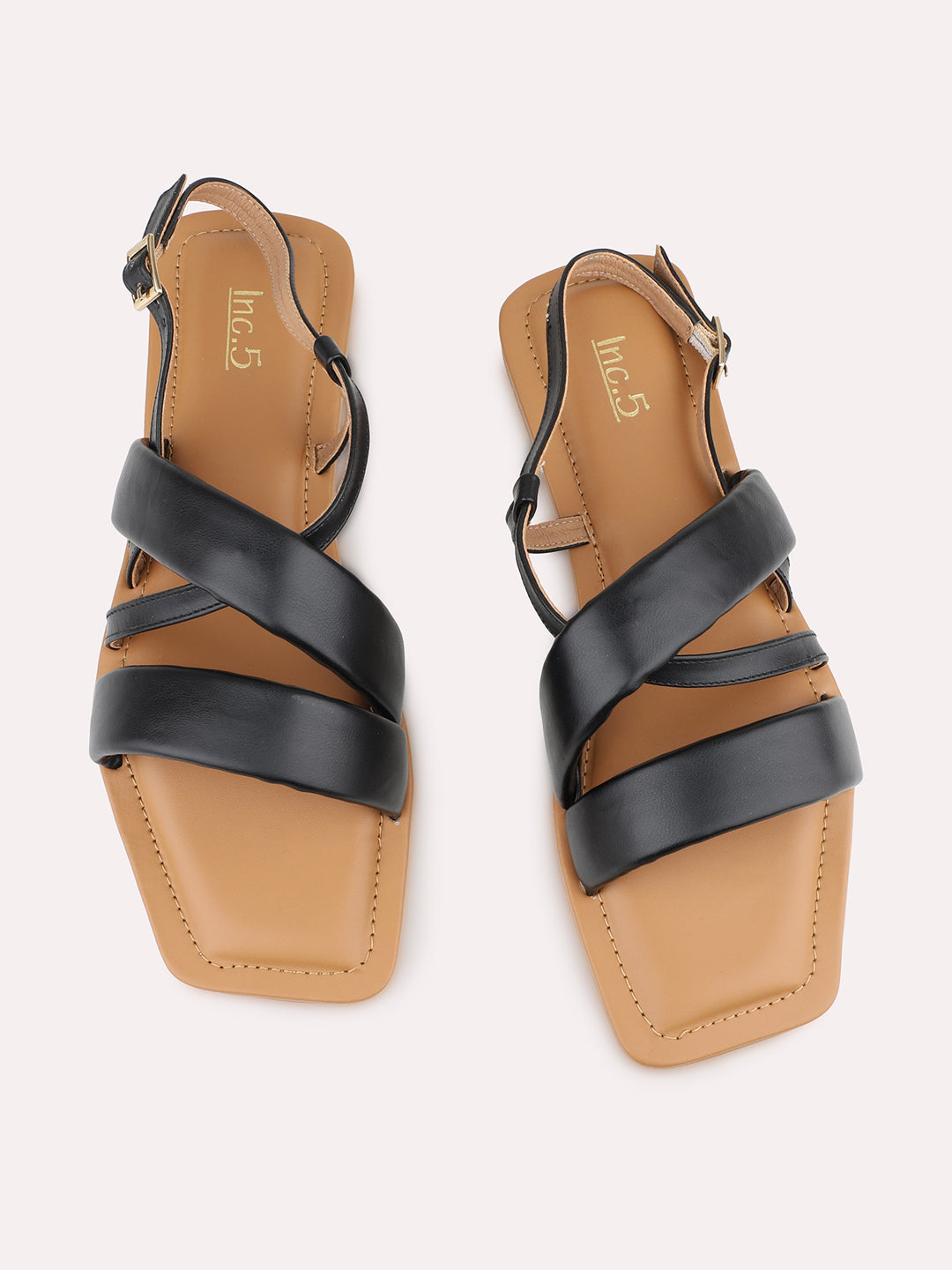 Womens Black Casual Striped Open Toe Flats