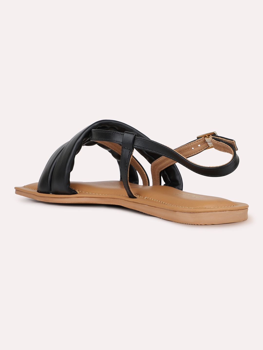 Womens Black Casual Striped Open Toe Flats