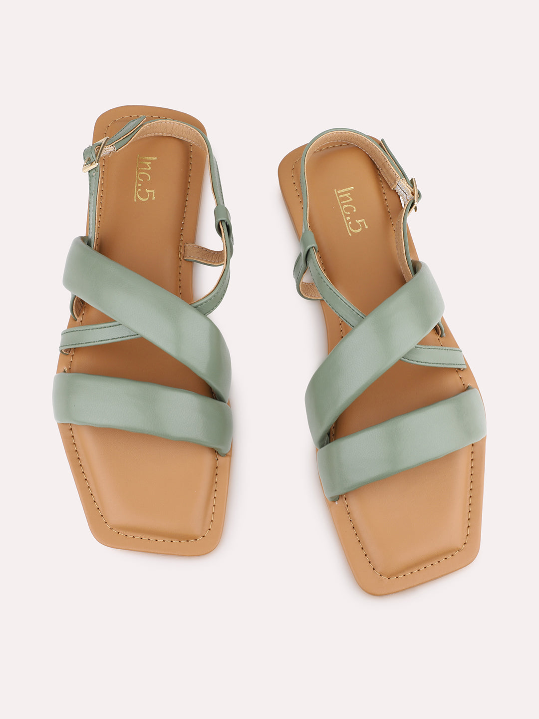 Womens Green Casual Striped Open Toe Flats