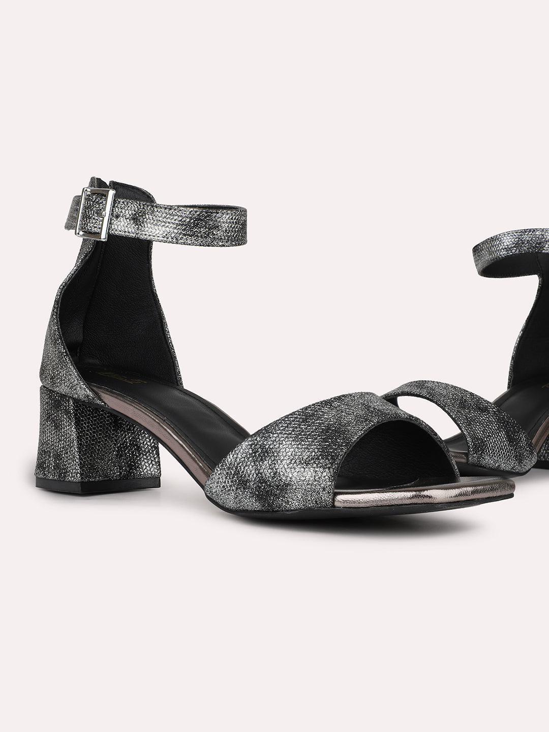 Womens Pewter Party Wear Printed Square Toe Block Heel Sandals