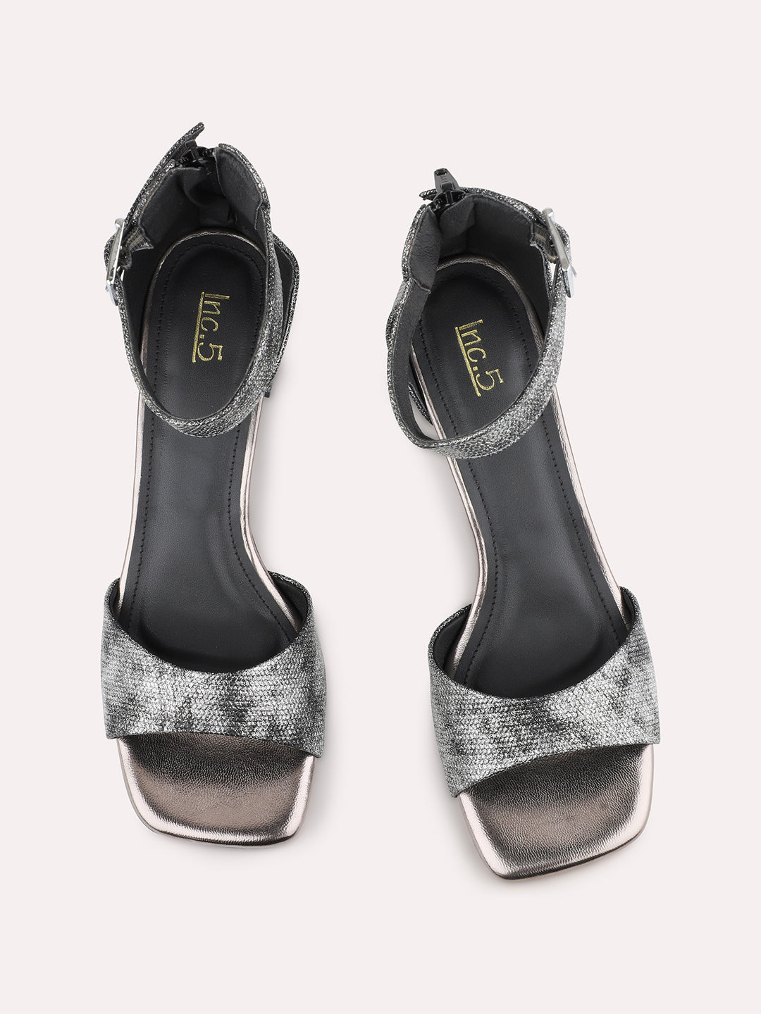 Womens Pewter Party Wear Printed Square Toe Block Heel Sandals