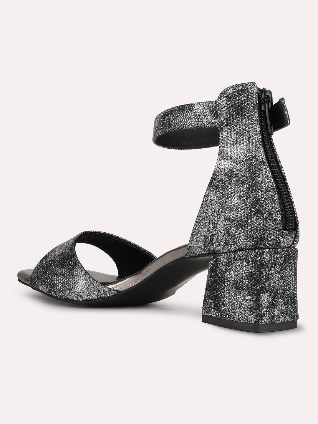 Womens Pewter Party Wear Printed Square Toe Block Heel Sandals