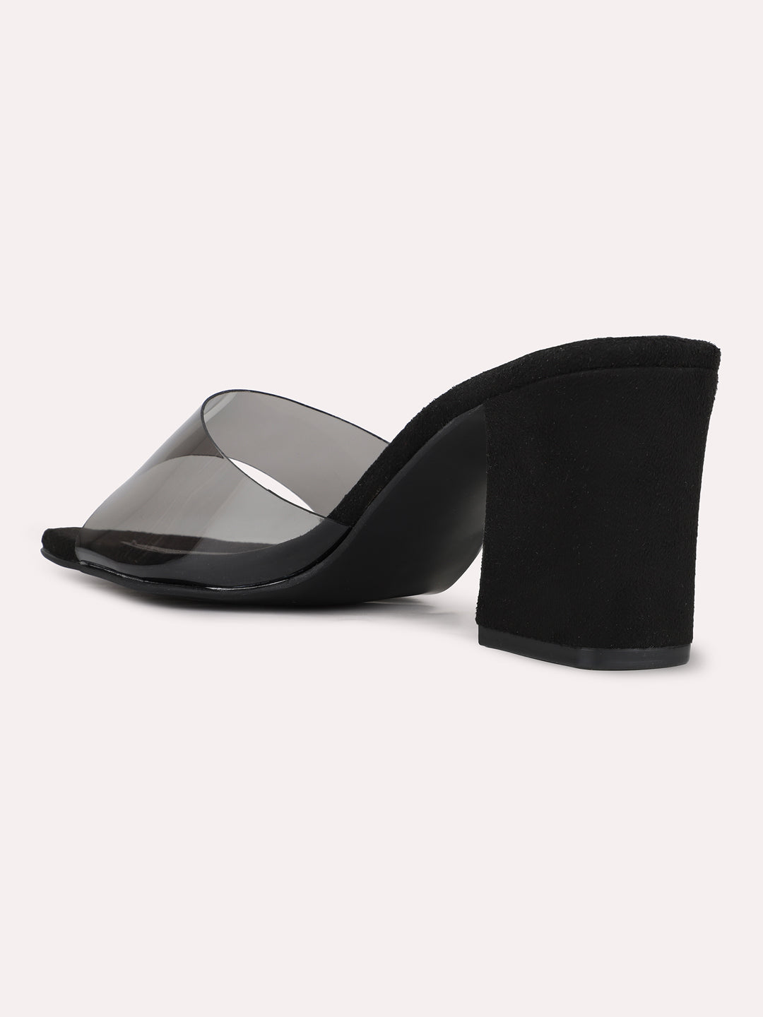 Womens Black Party Wear Transparent Square Toe Block Heel Mules