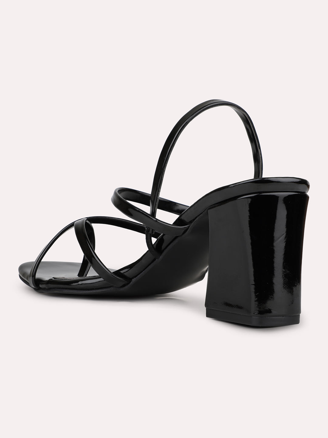 Womens Black Party Wear Striped Square Toe Block Heel Sandals