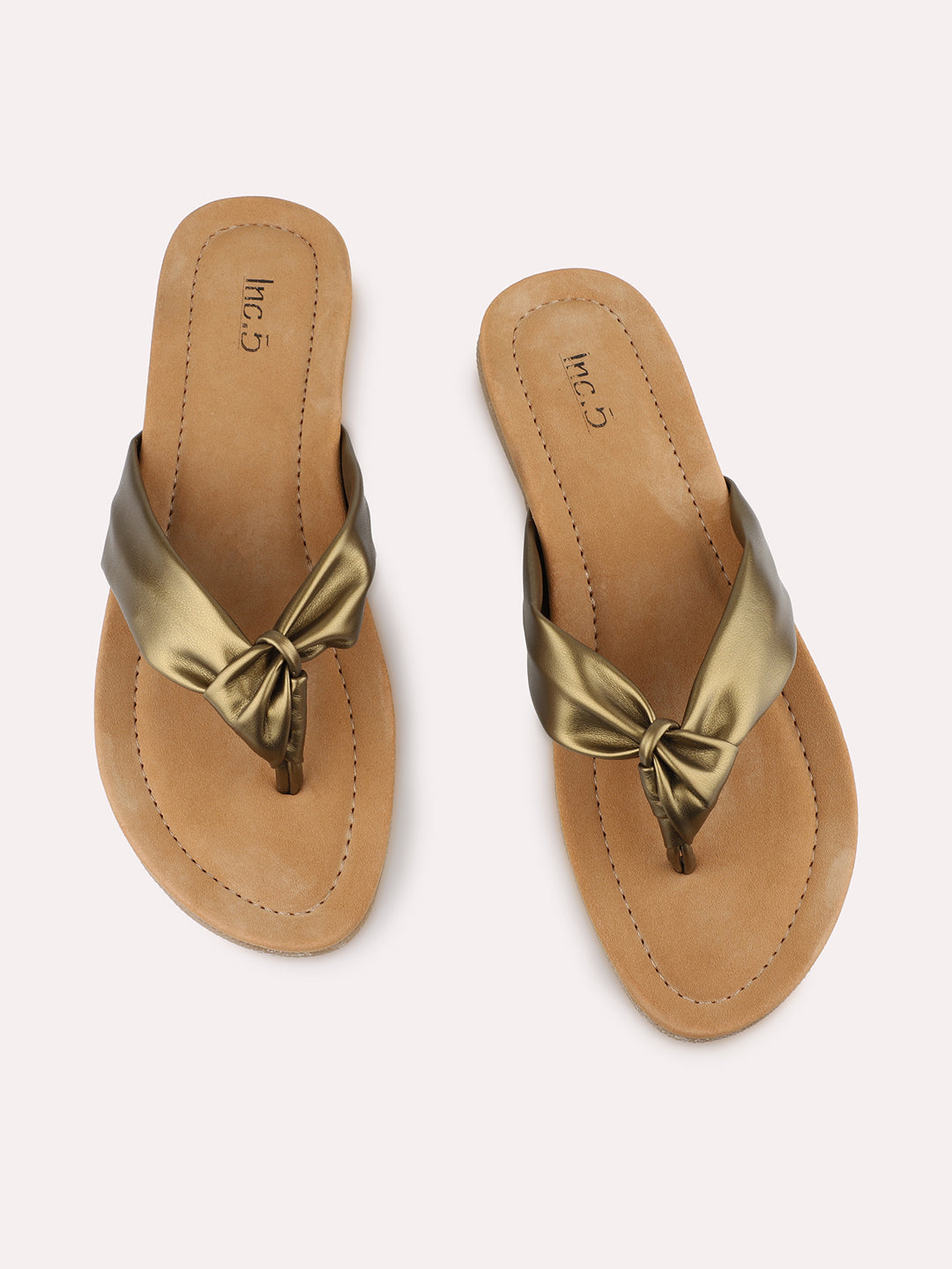 Womens Golden Ethnic Solid T-Strap Slip-On Flats