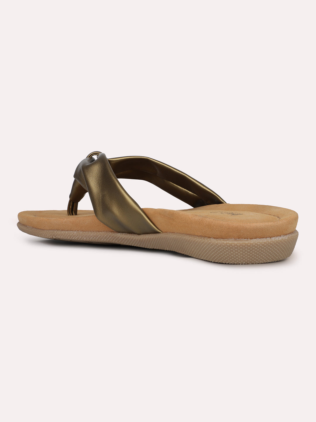 Womens Golden Ethnic Solid T-Strap Slip-On Flats