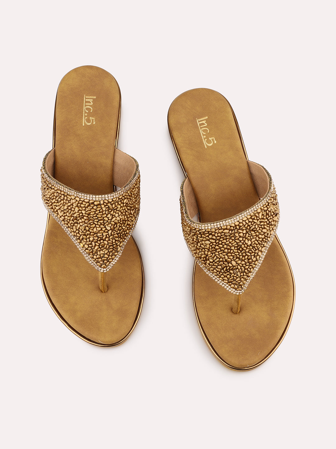 Womens Golden Ethnic Solid Round Toe Wedges Heels