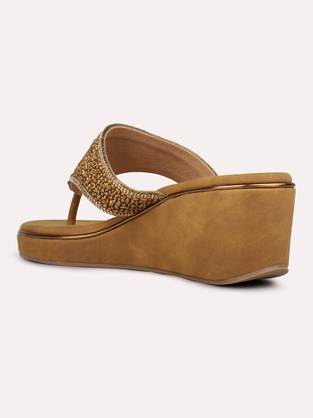 Womens Golden Ethnic Solid Round Toe Wedges Heel Slip-On