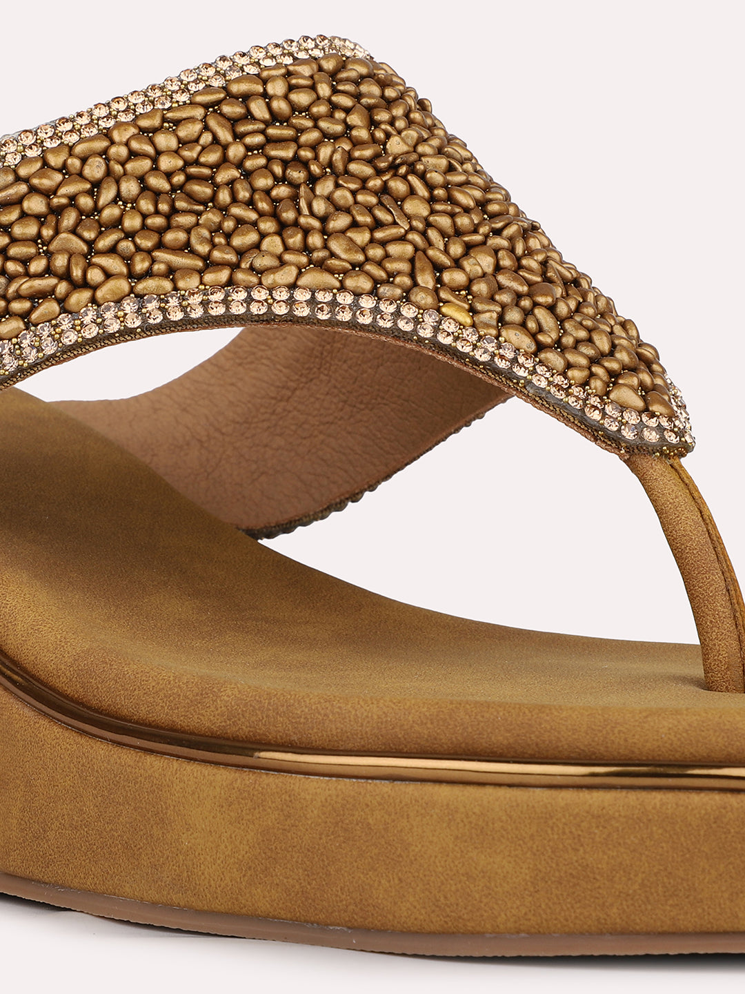Womens Golden Ethnic Solid Round Toe Wedges Heels