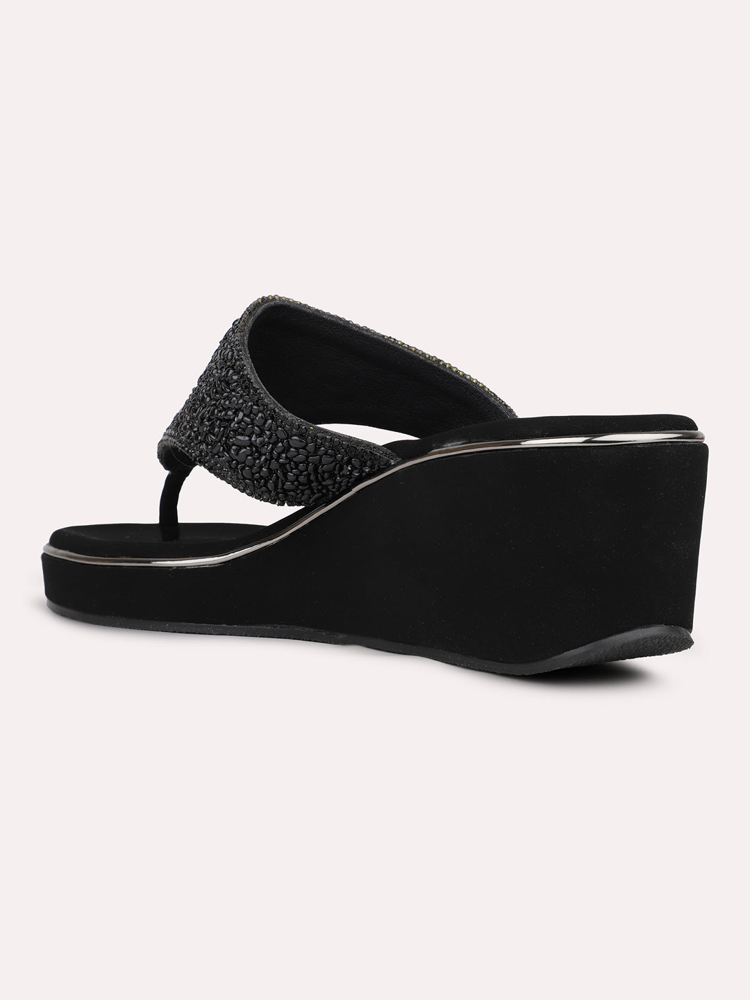 Womens Black Ethnic Solid Round Toe Wedges Heel Slip-On