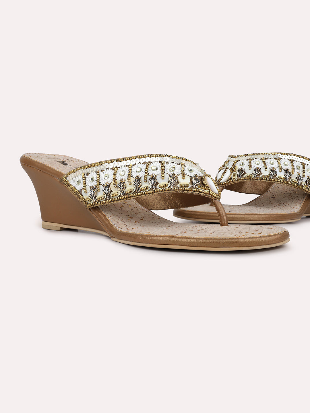 Womens Golden Ethnic Embellished Round Toe Wedges Heel Slip-On